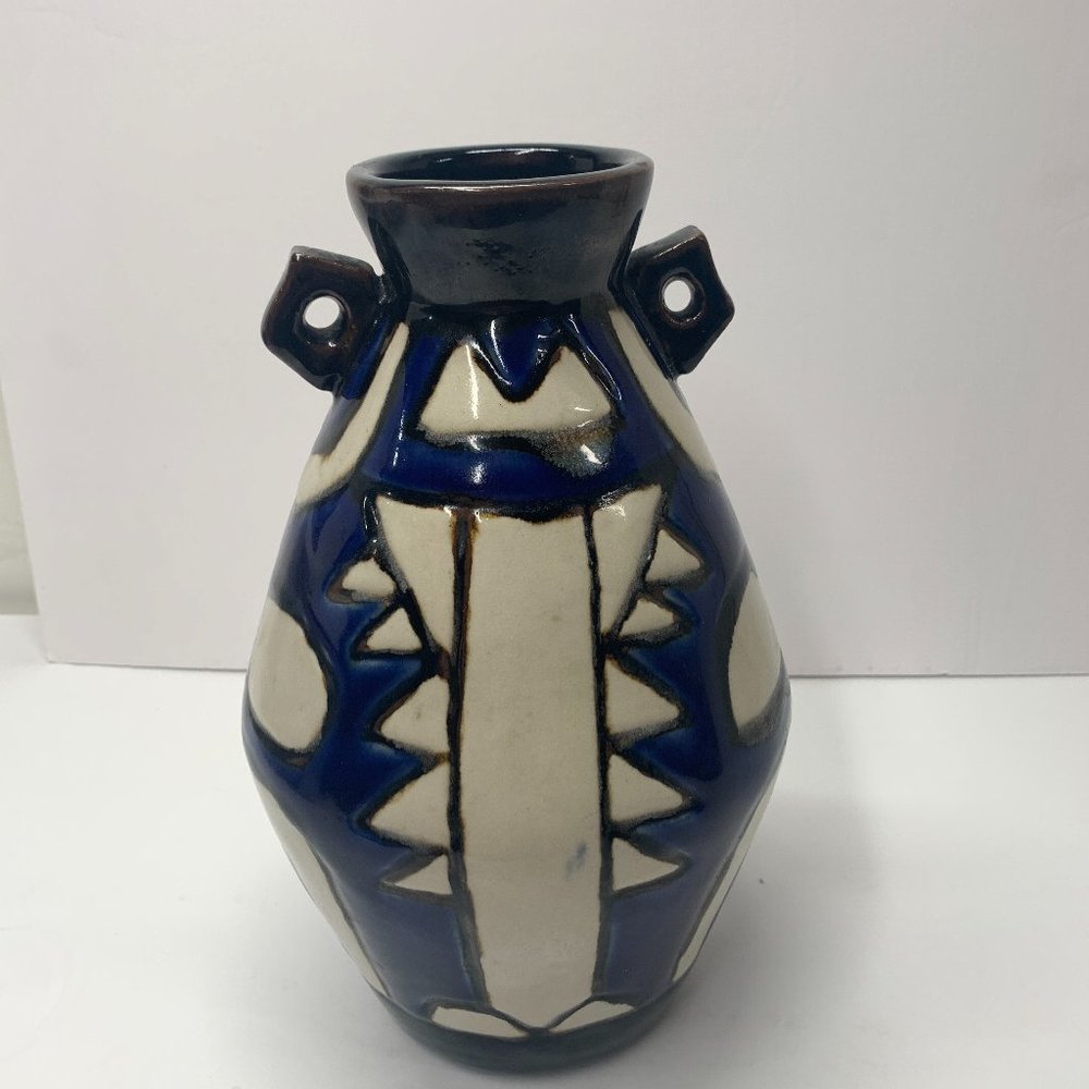 Lemax Shiwan Vintage Pottery Vase Two Handled Jug Geometric Cobalt Blue Cream